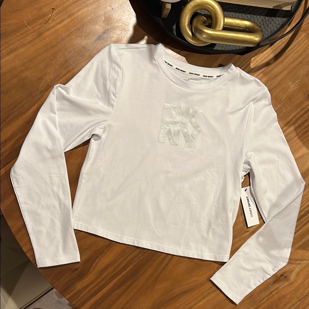 DKNY White Semi-Cropped Long Sleeve Top